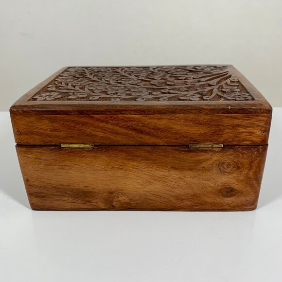 Intricate Floral Cherry Blossom Hand Carved Wooden Keepsake Storage Box Urn VTG - Picture 4 of 11